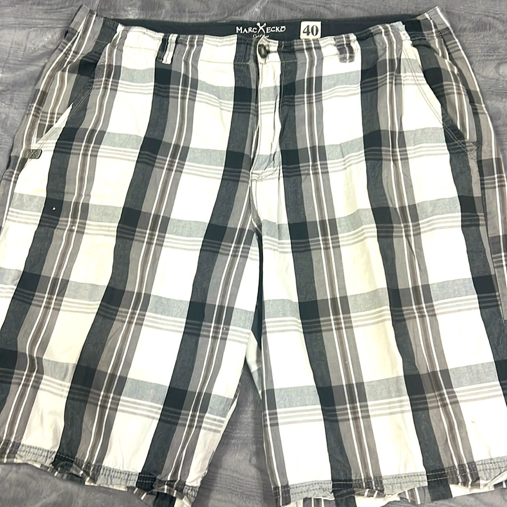 Marc Echo men’s black and white plaid shorts